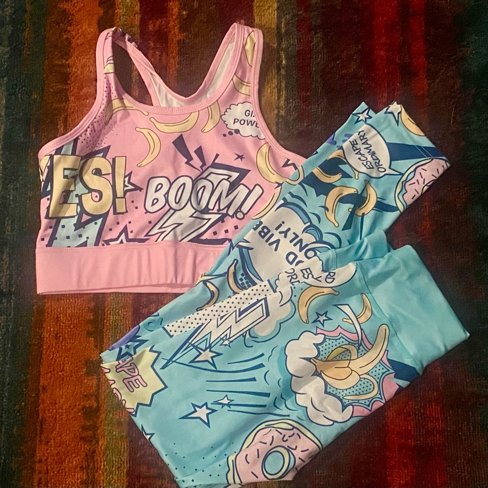 NEW M Women’s Set Athletic Yoga Work out Bra Top Pants Writing Girl Power! Boom!